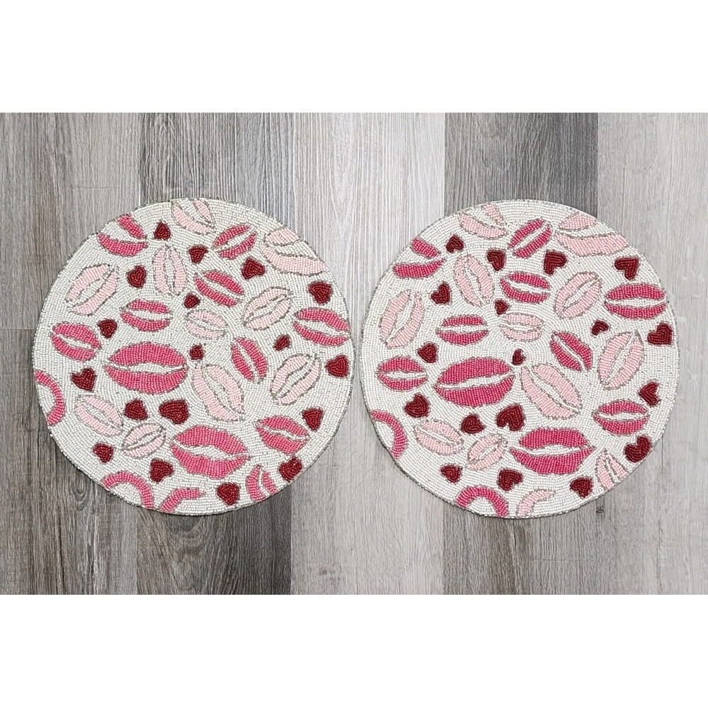 Valentines Day Pink Red Lips Heart Beaded Placemat Charger‎ Placemats 2 Pc 15"